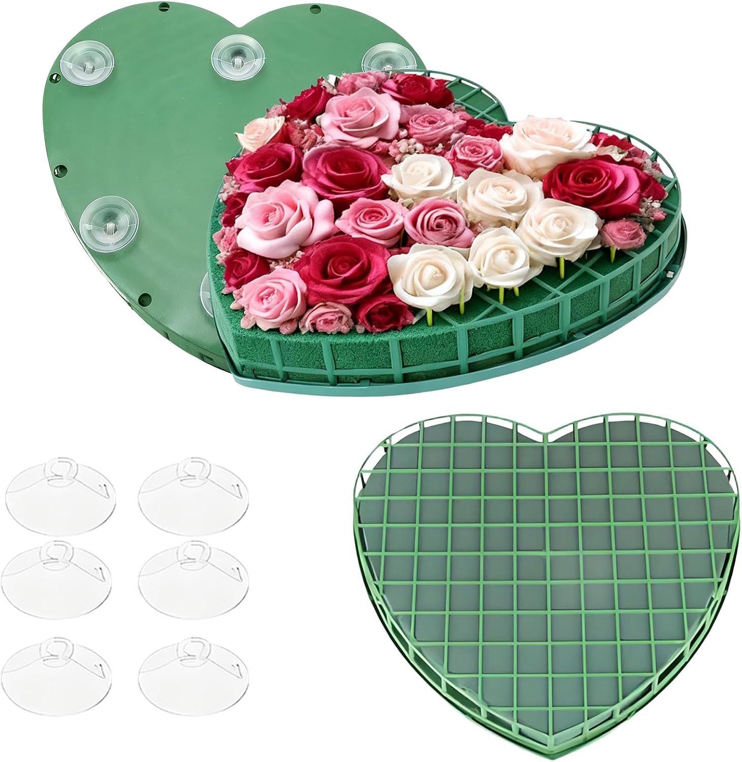 Heart Floral Foam Green Florist Sponge Bricks with Suction Cup, Wet Dry Flower Mud for Wedding Valentines Day Decor