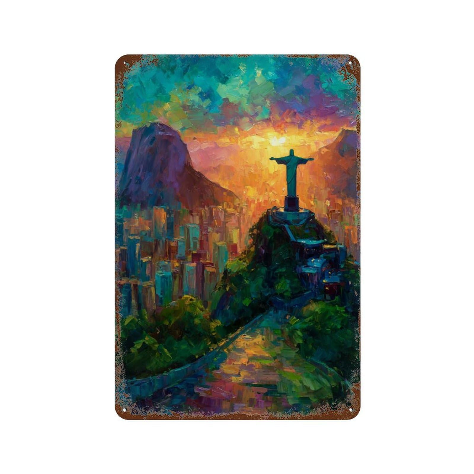 Retro Metal Sign with Rio De Janeiro Sunset-1 Design 11.8"x7.9", for Shed, Workshop And Garage Wall Decor, Old School Wall Decor