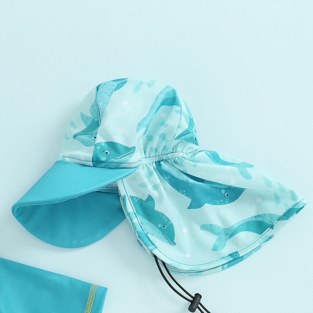 Nouveau-né Bébé Garçon Maillot De Bain Anti-UV Tee Shirt Manches Courtes Et Short De Bain Avec Chapeau Ensemble 3 Pièces Costume De Natation Piscine (Bleu Ciel, 6-12 Months