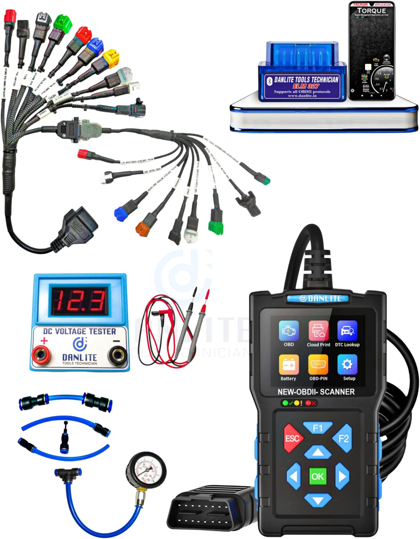 DANLITE TOOLS TECHNICIAN T300 OBD - II Scanner Scanning Complete Kit with BS6 Bike 21 Coplar Scanning Cable,ELM 327 OBD, DC Voltage Tester,Fule Pressure Gauge,