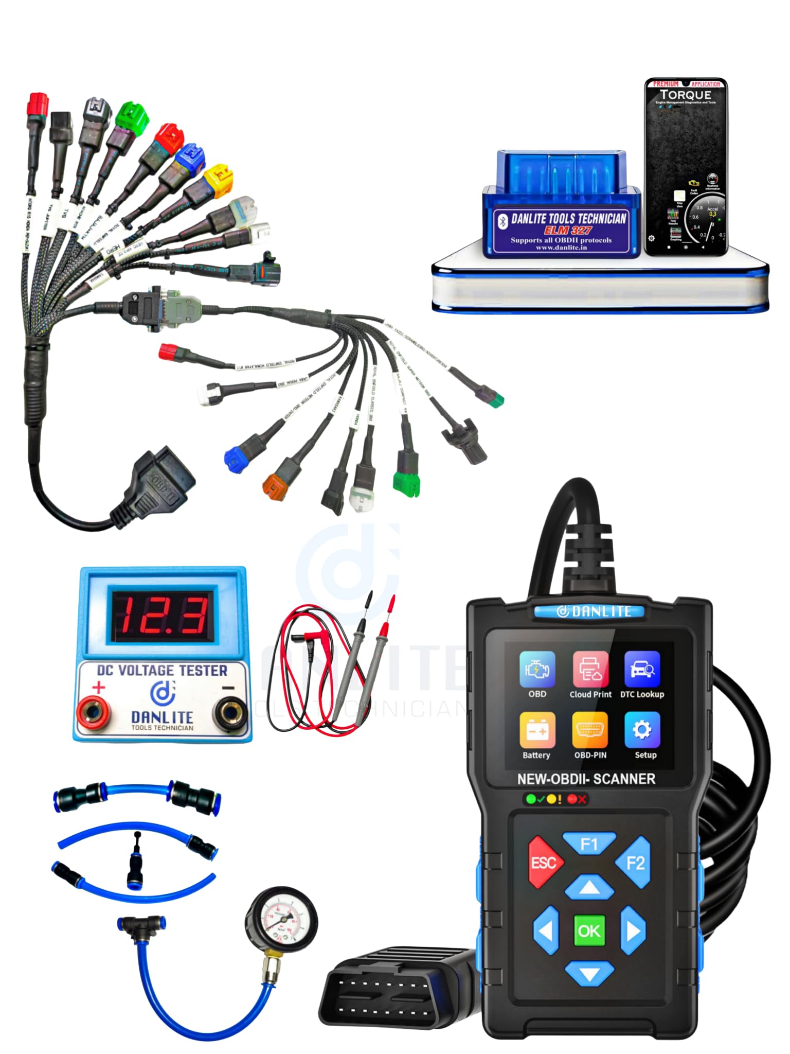 DANLITR Tools Technician T300 OBD - II Scanner Scanning Complete Kit with BS6 Bike 21 Coplar Scanning Cable,ELM 327 OBD, DC Voltage Tester,Fule Pressure Gauge,