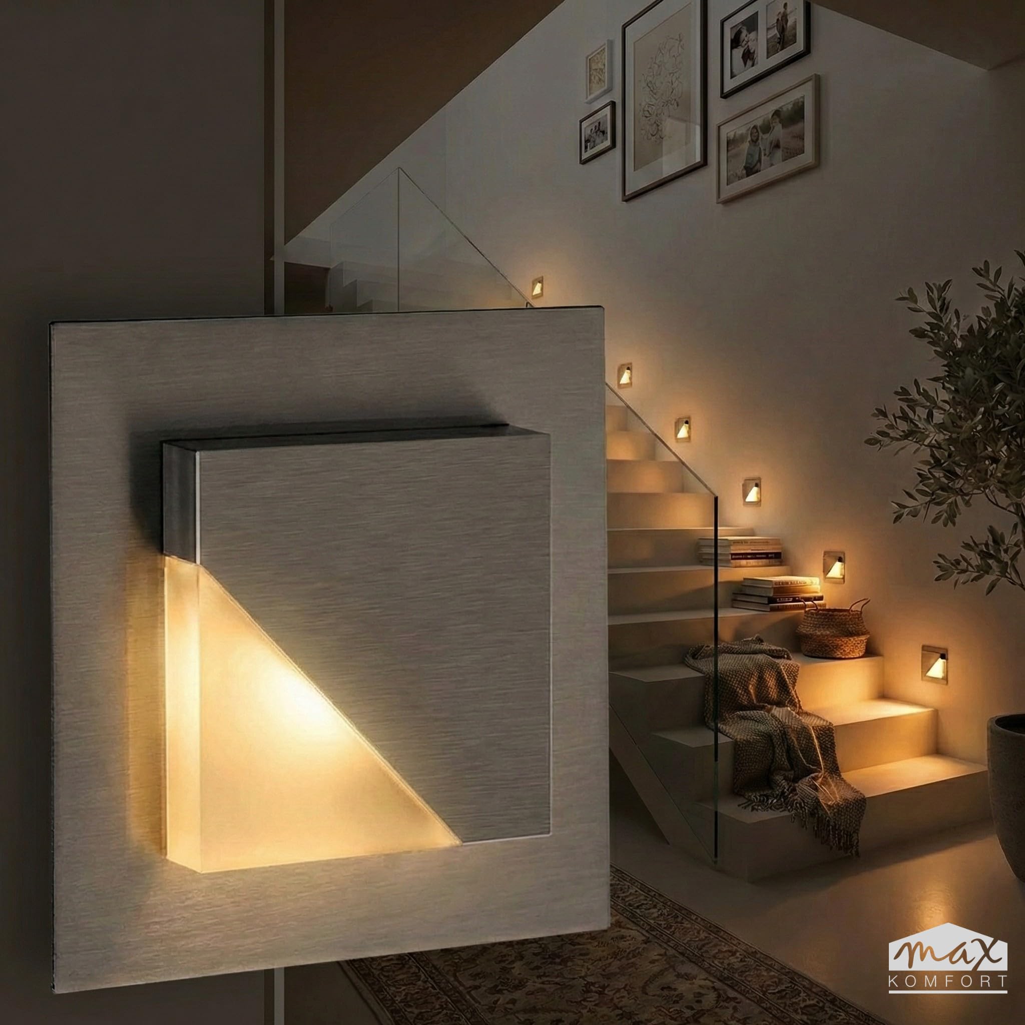 Maxkomfort LED Treppenbeleuchtung 230V Warmweiß 1,5W Eckig Eisen-Gebürstet Treppenleuchte Wand Einbauleuchte Treppenlicht Flurleuchte Nachtlicht 80x80mm 6105