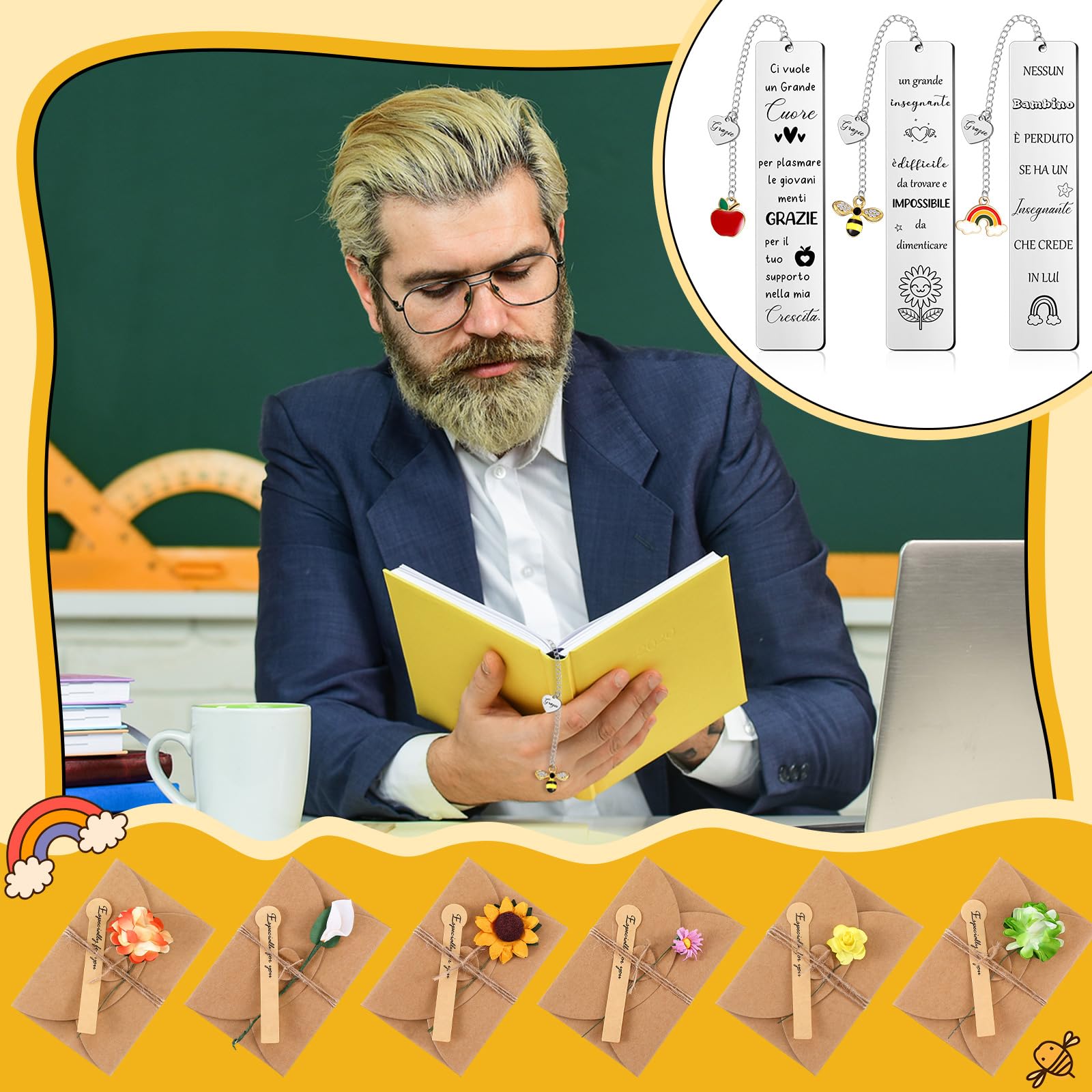 Clabby 6 Pezzi Segnalibro Maestra Metallo con Busta Regali di Natale per Maestre Insegnate Segnalibro con Frasi Grazie Regali di Fine Anno, Capodanno, Ringraziamento