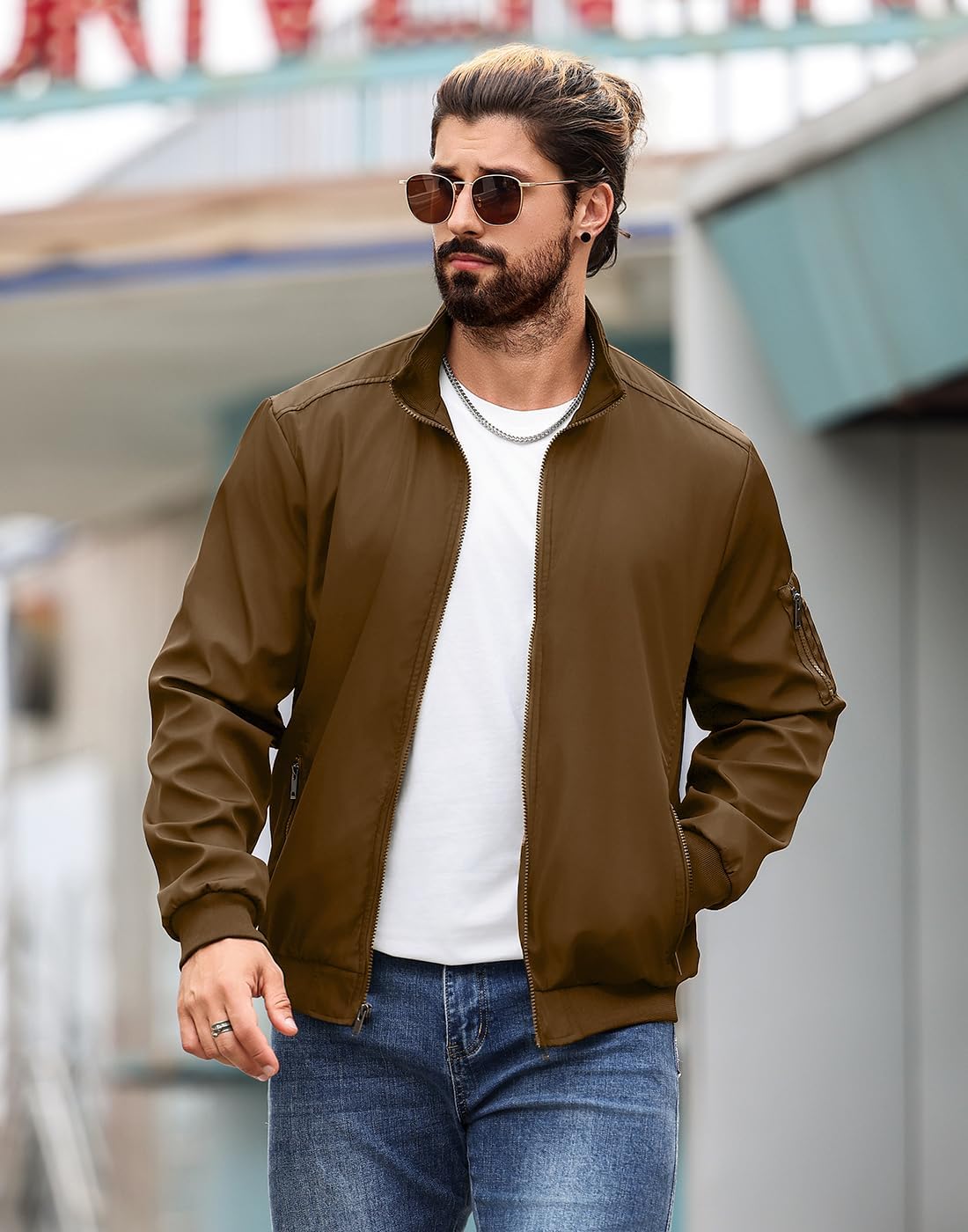 Men's Bomber Jacket Lightweight Casual Windbreaker Jackets Zip Up Coat - Image 2