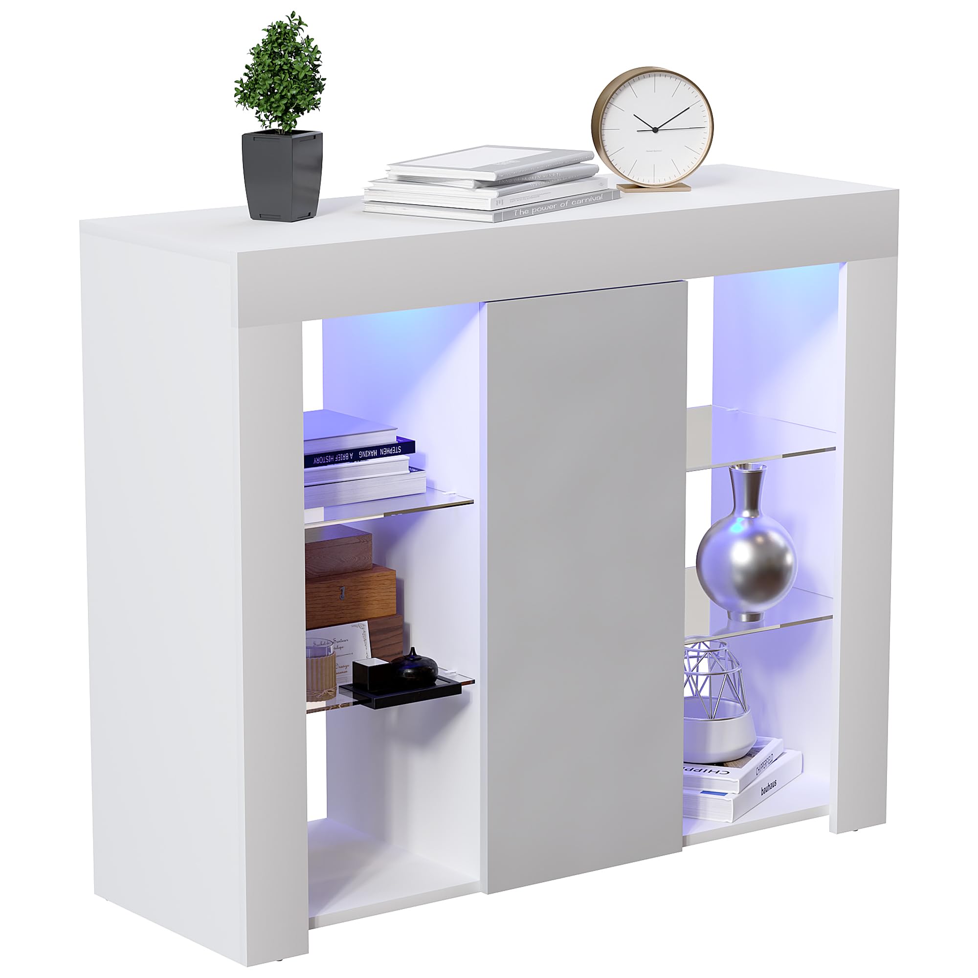 Vida Designs Aparador Grande Azura Moderno LED de 1 Puerta en Blanco y Gris, Luces RGB (Opciones de desvanecimiento/estroboscópico Incluidas), Alto Brillo