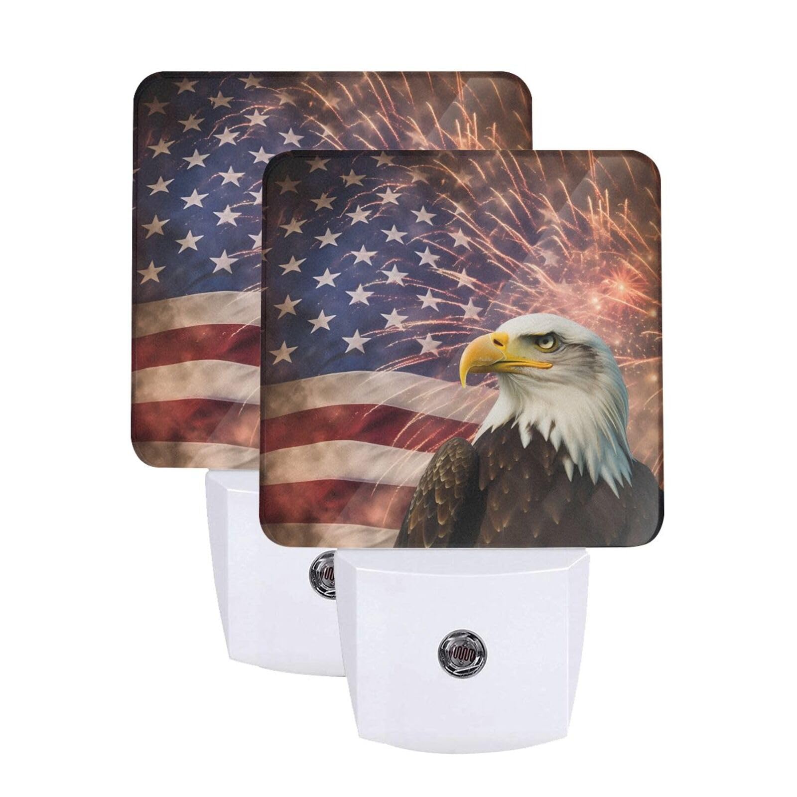American Flag Night Light Set of 2, Firework Eagle Auto Sensor LED Dusk-to-Dawn Nightlights, Plug-in Sensor Lamp for Bedroom Bathroom Kitchen Hallway Stairs Decorative