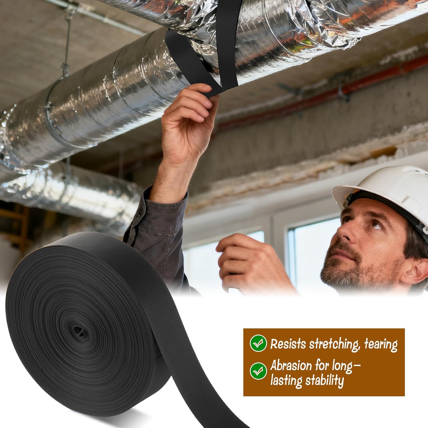 3 Rolls Heavy Duty Duct Strap - 1.97 in x 147 ft Black Nylon Webbing Strapping for HVAC Duct, Durable Duct Support Belt for Building & Home Improvement