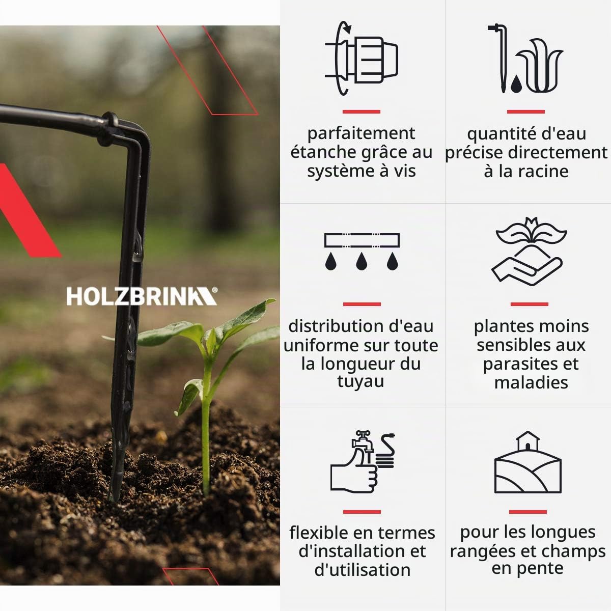 HOLZBRINK Kit de démarrage pour l’irrigation en serre, système d’arrosage goutte à goutte : 50 m Tuyau LDPE 16 mm, 6x Goutteur 8l/h, HTB-10-B-50
