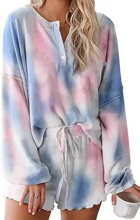 Lopie Womens Lounge Sets 2 Piece Pajamas Set Long Sleeve Tops and Shorts Sleepwear Tie Dye Printed Nightwear