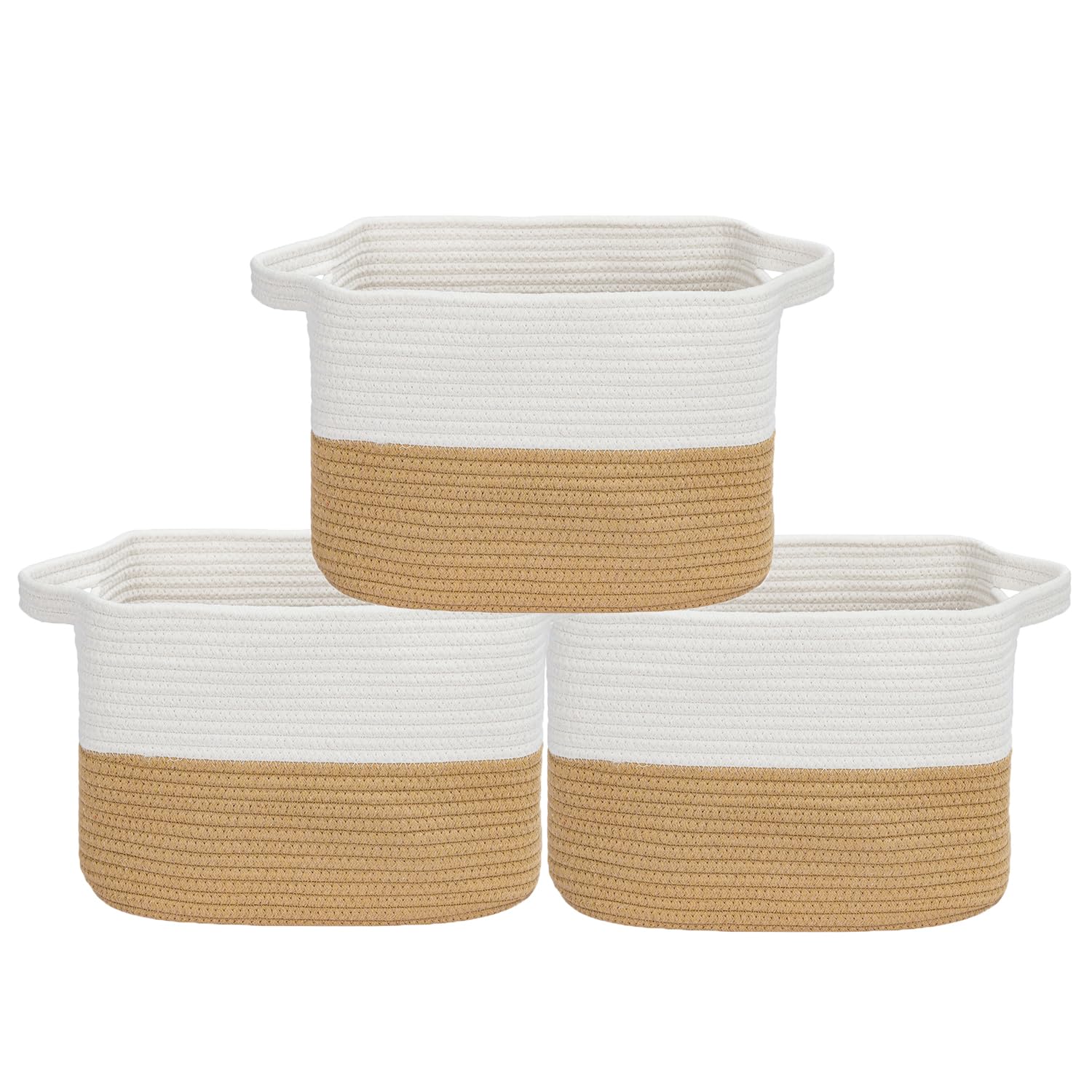 Toemics 3er Set Aufbewahrungskorb Klein Regalkörbe Baumwolle Aufbewahrung Korb für Regal, Kinderzimmer, Wohnzimmer, Kinderzimmer, Badzimmer, 30x25x24cm, Weiß und Jute
