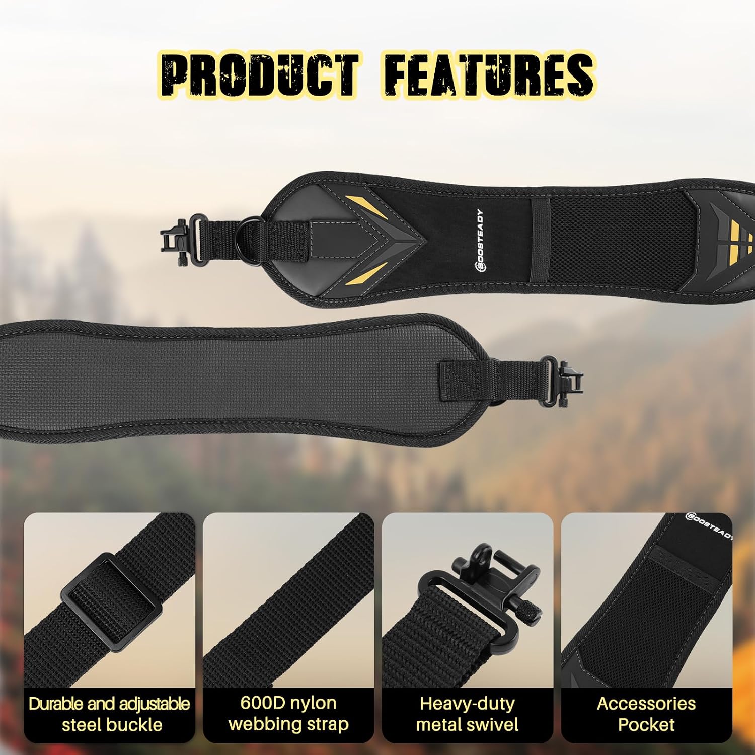 BOOSTEADY Two Point Gun Sling with Shoulder Pad, Gun Strap with Swivel, Non-Slip Backing, 1 Inch Nylon Webbing