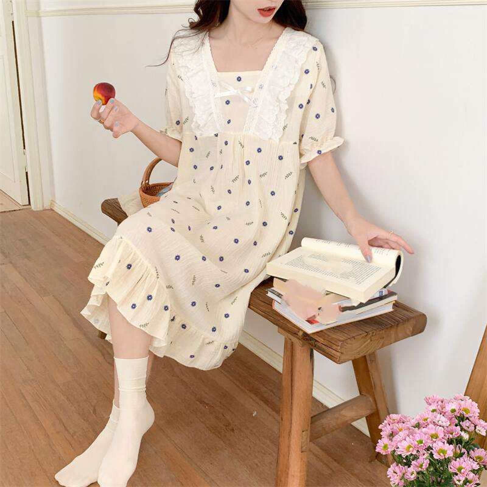 Damen-Nachthemd Aus Baumwoll-Jacquard, Loungewear – Sommer, Süßer Blumendruck, Spitze, Quadratischer Ausschnitt, Spitze, Kurzärmeliges Kleid, Schleifenknoten-Nachthemd, Homewear, Modisches Mädc
