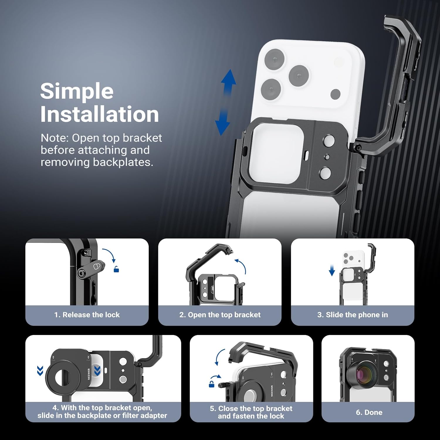 NEEWER PA144 Phone Cage Compatible with iPhone 17 Pro Max + PA152 37mm Filter Lens Backplate for PA143/PA144 Phone Cage Only, Quick Release Video Rig Stabilizer Accessories, Black