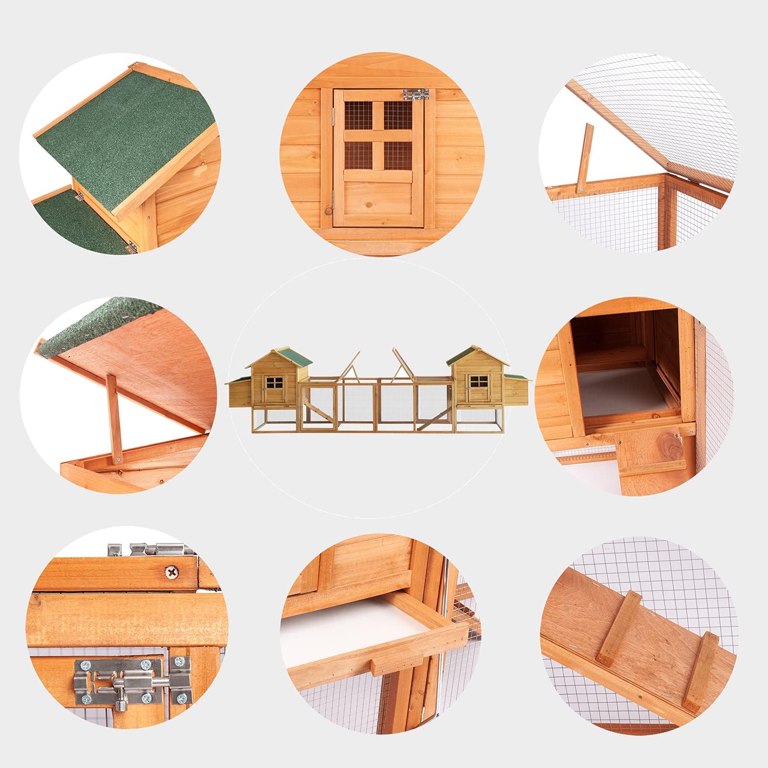 Outdoor Chicken Coop for 4-8 Chickens Wooden Hen Rabbit House Poultry Pet Hutch Run Cage w/Waterproof Asphalt Roof, Ramp, Nesting Box, Wire Fence (160")