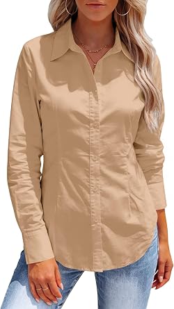 Button Down Shirts for Women Long Sleeve Dress Shirts Collared Work Wrinkle Free Office Solid Blouses Fitted Tops