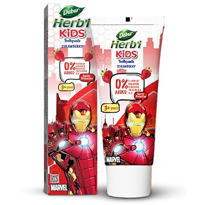 DABUR Herb'l Kids Iron Man Toothpaste|3+ Years|Strawberry Flavour|80 G|No Added Chemicals|Cavity Protection|Fights Germs