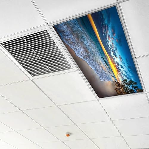 Miniatura 10 de Paquete de 6 cubiertas de luz fluorescente para luz de techo, sombrillas de playa con pajilla, océano azul, escena de playa de cubiertas de luz para