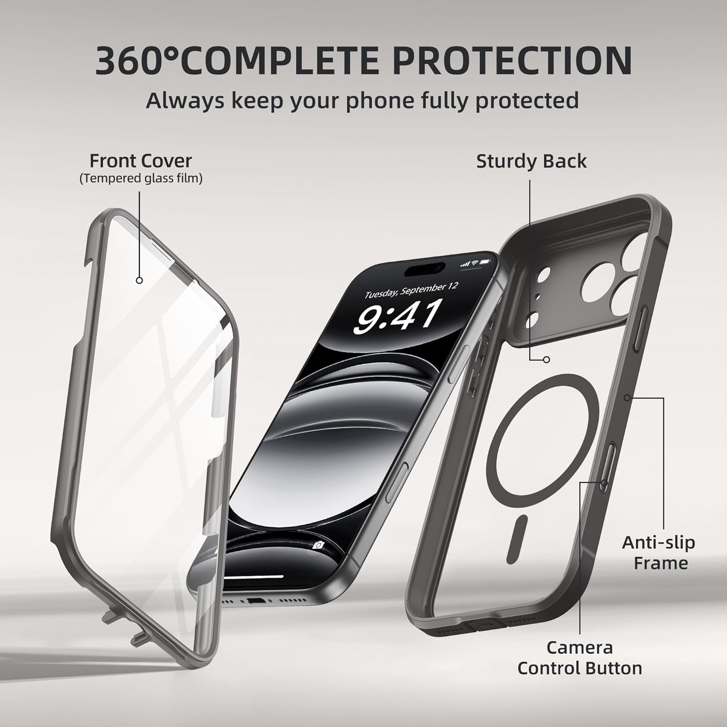 BERFY for iPhone 17 Pro Max Case, Compatible with MagSafe, Built-in 9H Tempered Glass Screen Protector and Camera Protection, Full Body Shockproof Clear Phone case for 17 Pro Max 6.9", Grey - Image 9