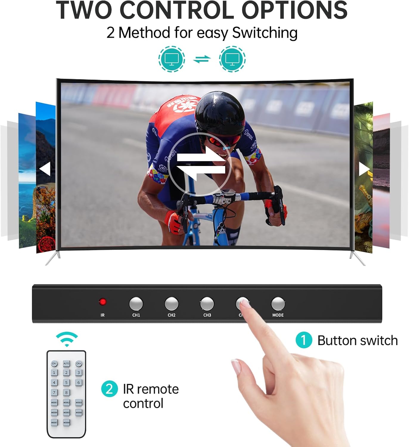 Two control options: Button switch on the device and IR remote control.