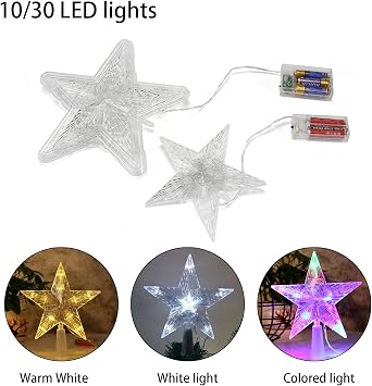 Christmas Tree Decoration - Star Topper With 10 LEDs Batteries Required- 23 x 23 cm Luminous Pentagram,Hollow Lighted Tree Star,LED Light Up Tree Topper(Coloured Light 9.06inch)