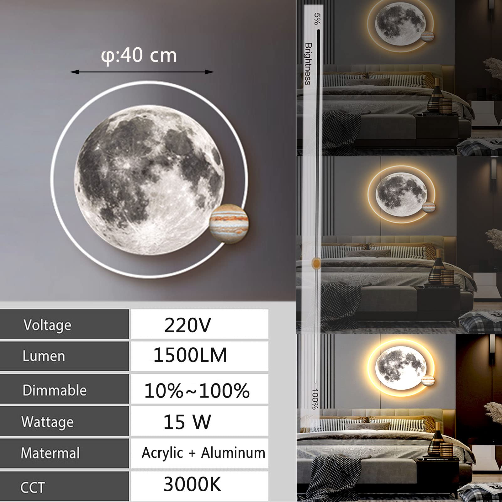Lampada da parete a LED a forma di luna, lampada 3D con telecomando, funzione di regolazione dell'intensità luminosa, rotonda, ideale da posizionare accanto al letto per la cameretta dei bambini, 15W