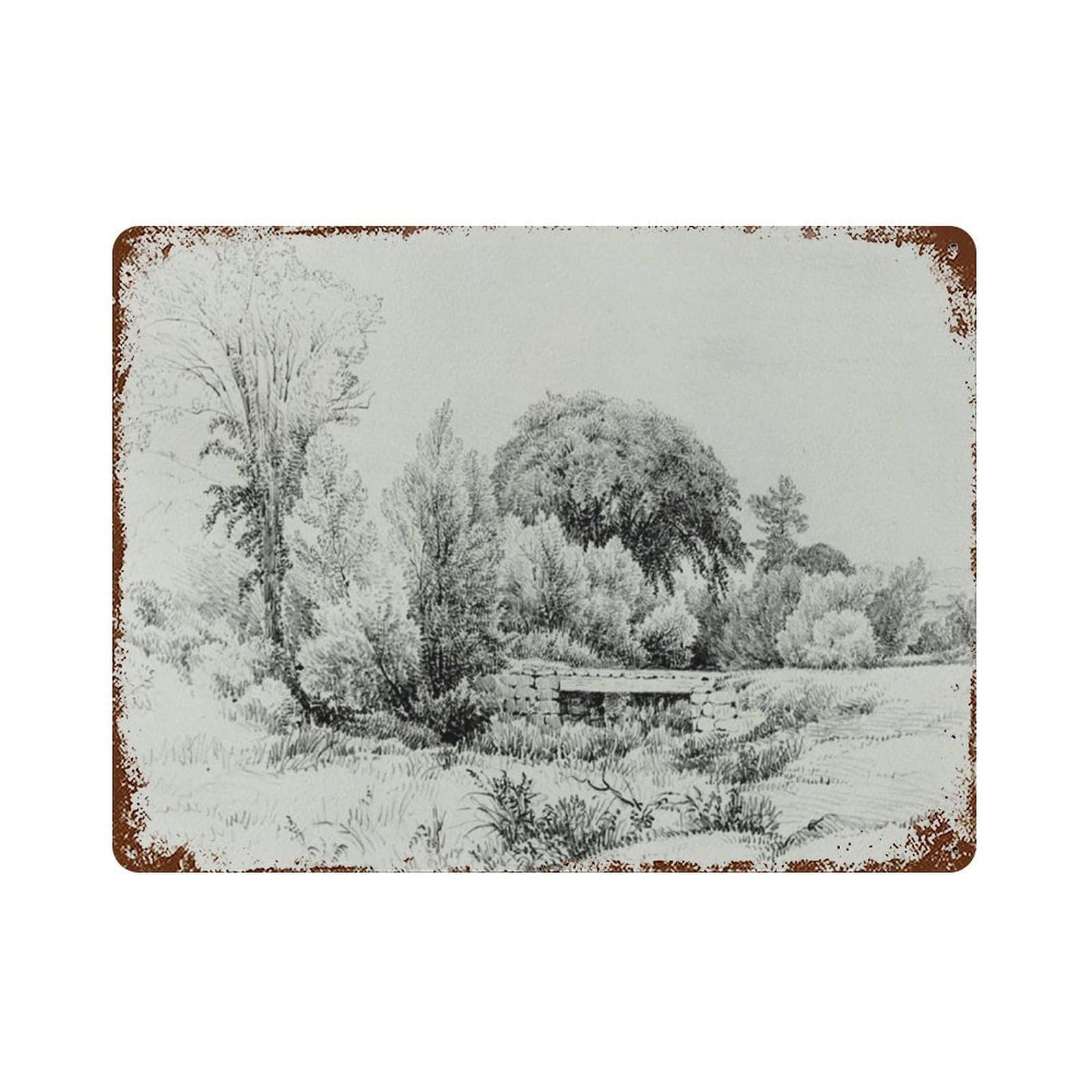 xiaoxiaoshen Vintage River Forest Drawing, Sketch Landscape， Able Wall Decor Art Metal Tin Poster Modern Home Decor Art Home Bar Shop Decorations Vintage Sign 30x40cm