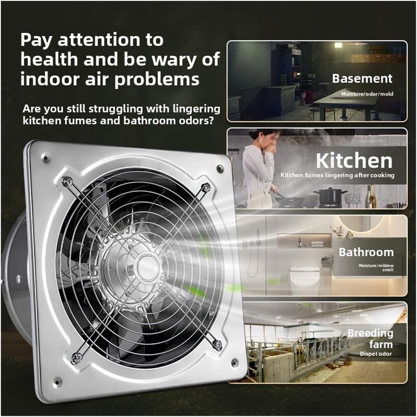 Exhaust Fan, Exhaust Fan Kitchen Oil Fume Bathroom Stainless Steel Ventilation Industry Range Hood for Greenhouse, Basement(10 inch D)