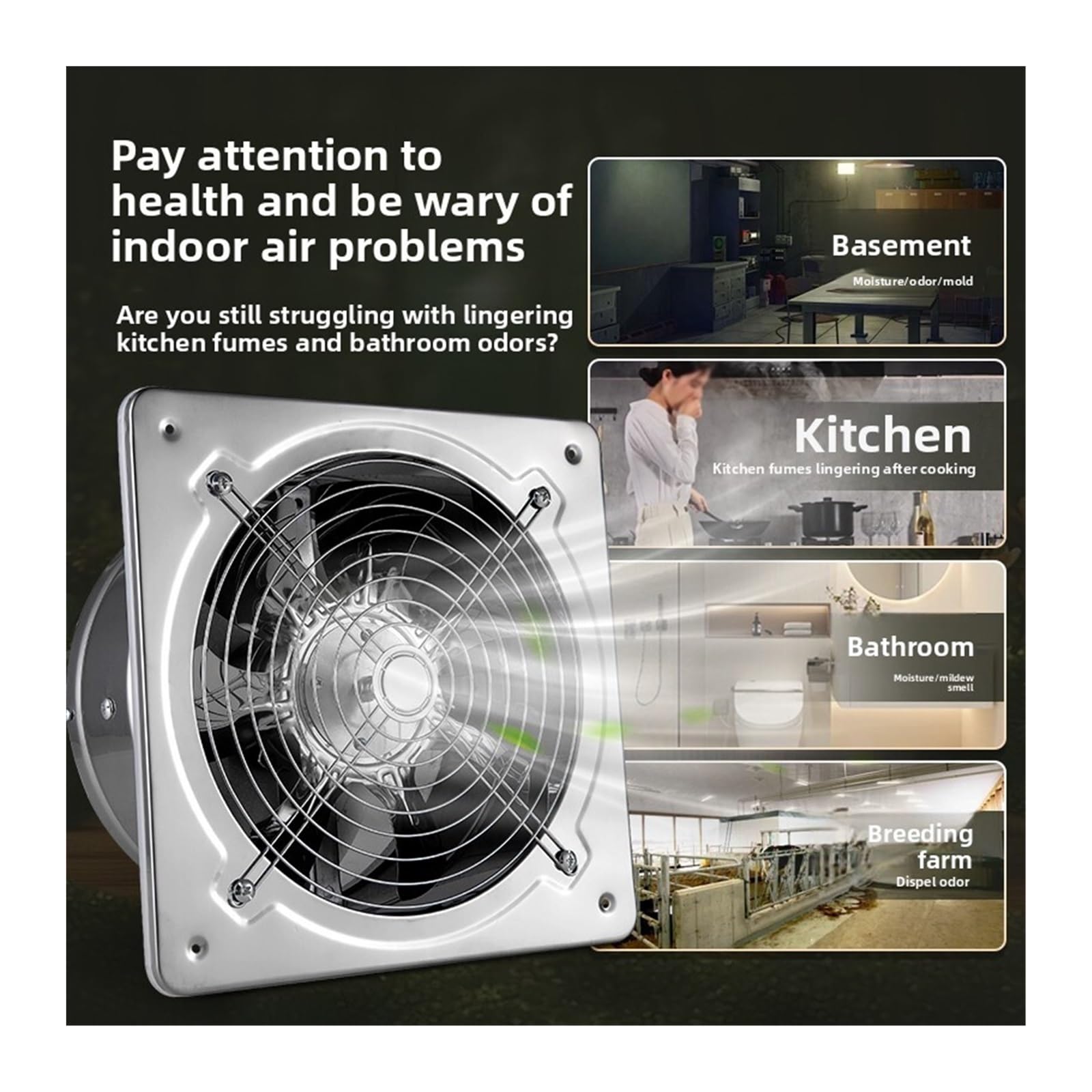 Ventilador de escape, Extractor De Aire, Cocina, Ventilador Humos Aceite, Baño, Ventilación Acero Inoxidable, Campana Extractora Industrial(10 inch D1)