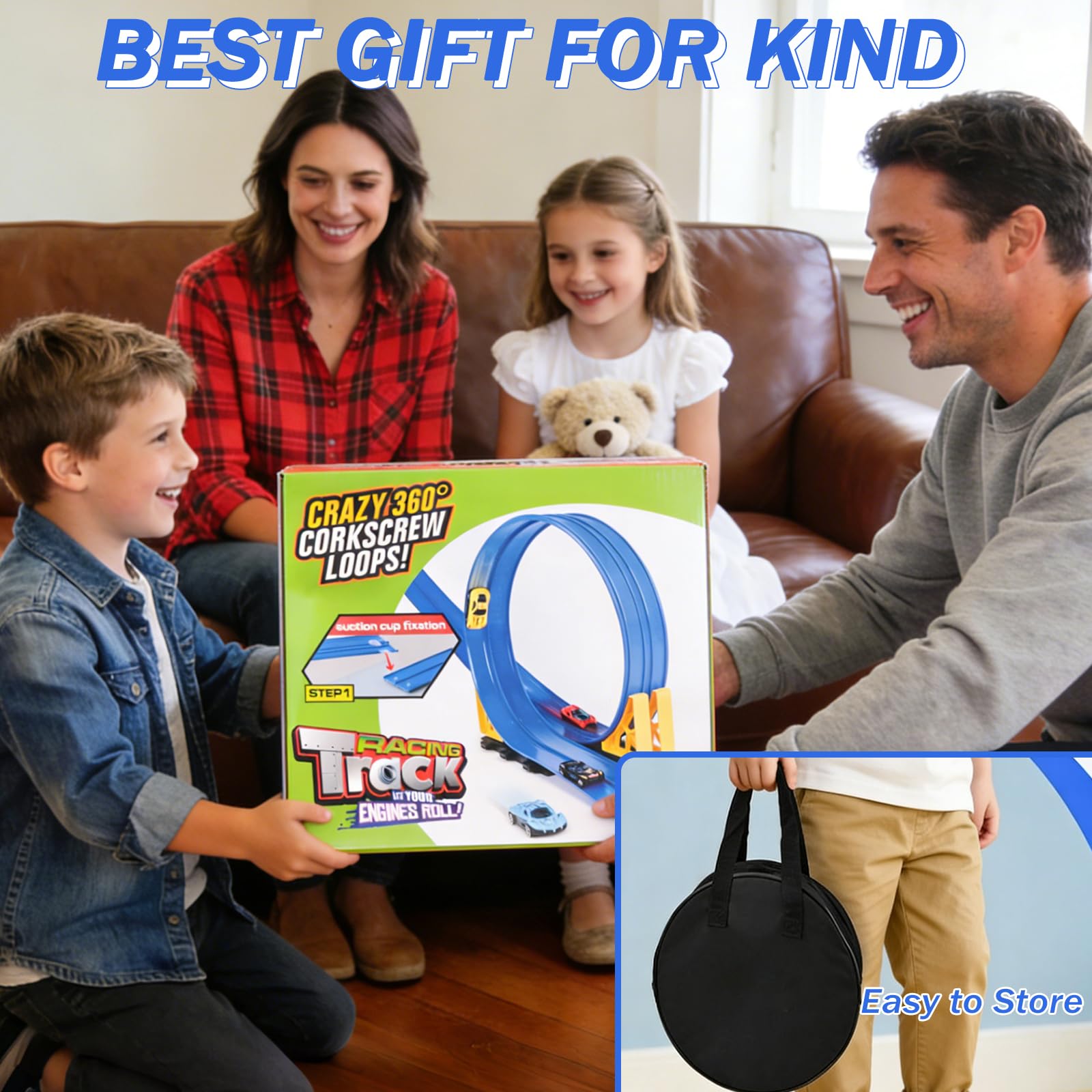 4.5 Metri Piste Macchinine per Bambini, Pista Flessibile Macchinine con 4 Macchinine e 4 Rampe e 4 Ventose e 1 Borsa Portaoggetti, per 3 4 5 6 Anni Bambino e Bambine (Blu)