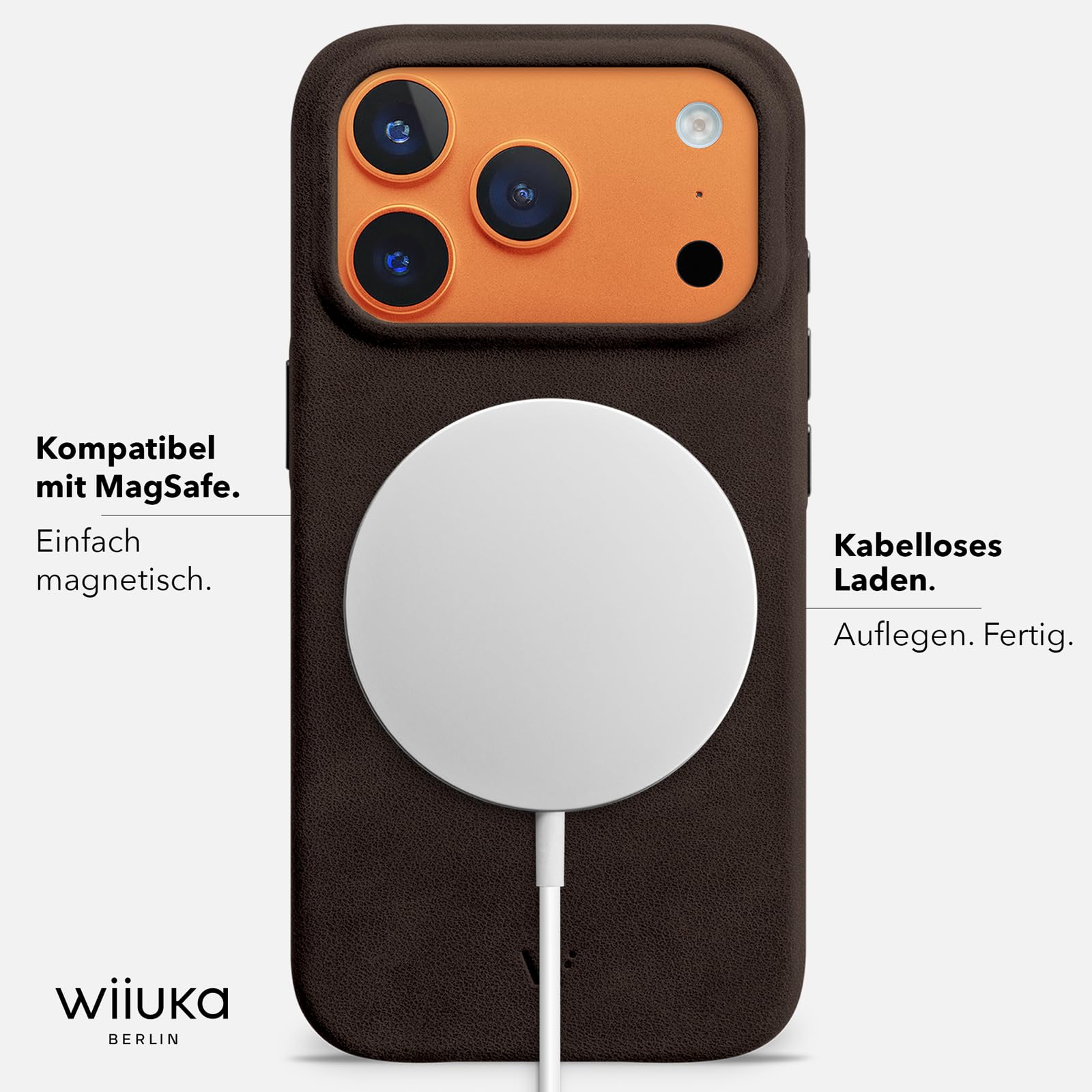 WIIUKA Hülle für iPhone 17 Pro Max, Leder aus Deutschland, 360° Schutz, Lederhülle extra Dünn, Premium Handyhülle, Case, Qi, skiin More VL, Vintage Braun