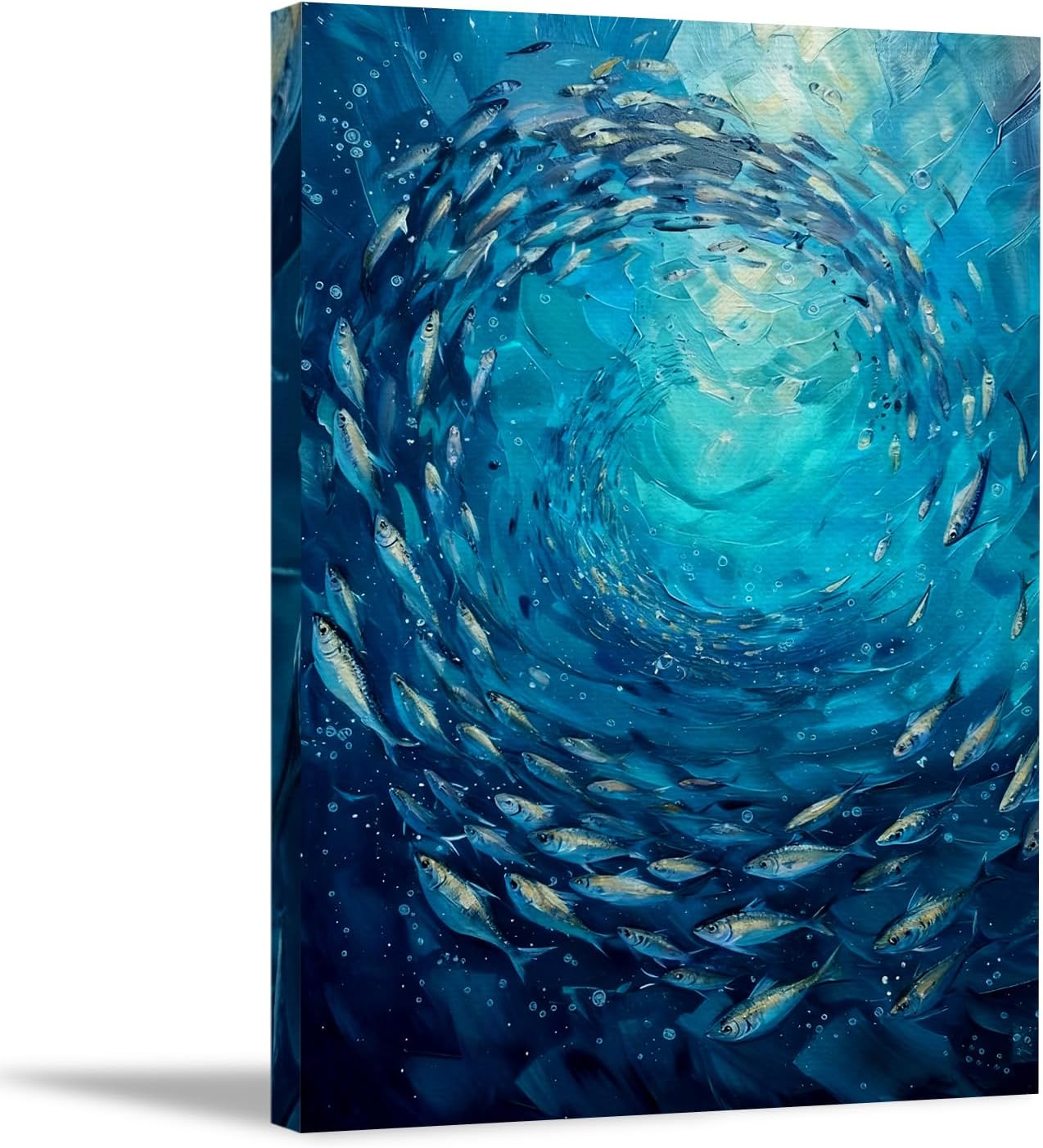 FWSFD Navy Blue Ocean Fish Wall Art Decor Framed, Coastal Beach Ocean Room Decor, Abstract Coastal Beach Aesthetic Canvas Prints Artwork for Home Bedroom Living Room, 12x16 Inches