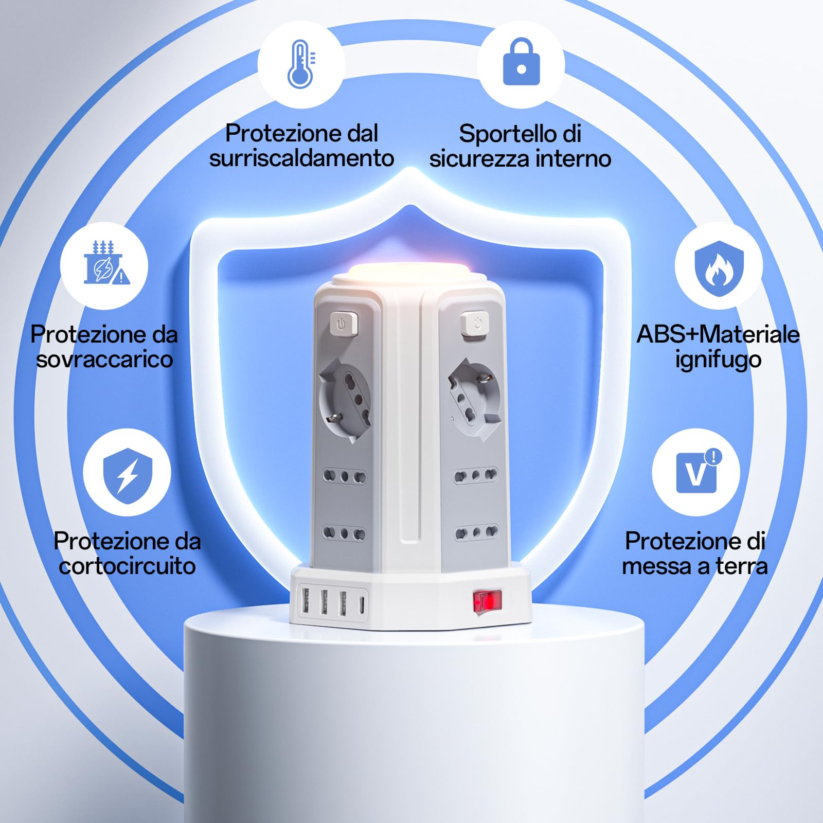 Regleta eléctrica con luz nocturna, 12 tomas universales 10/16 A ITA y Schuko y 3 USB A+1 USB C protección contra sobretensión con 4 interruptores independientes para la oficina, la casa