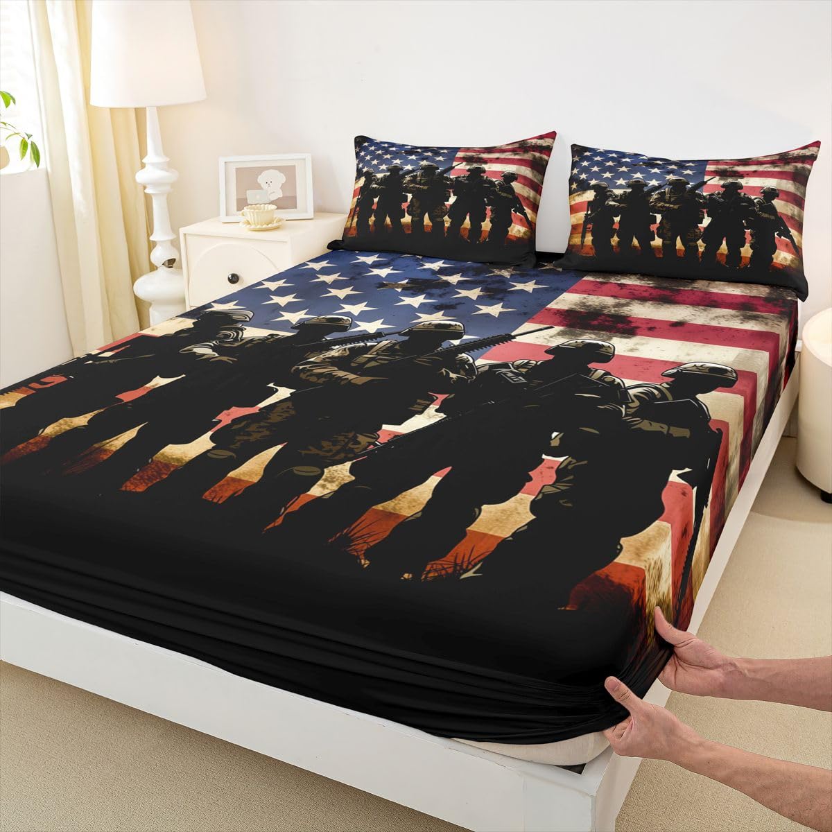 Homemissing Sábana bajera ajustable con diseño de bandera estadounidense, tamaño King, para niños y niñas, con bolsillo profundo de 16 pulgadas, con 2 fundas de almohada, decoración de habitación