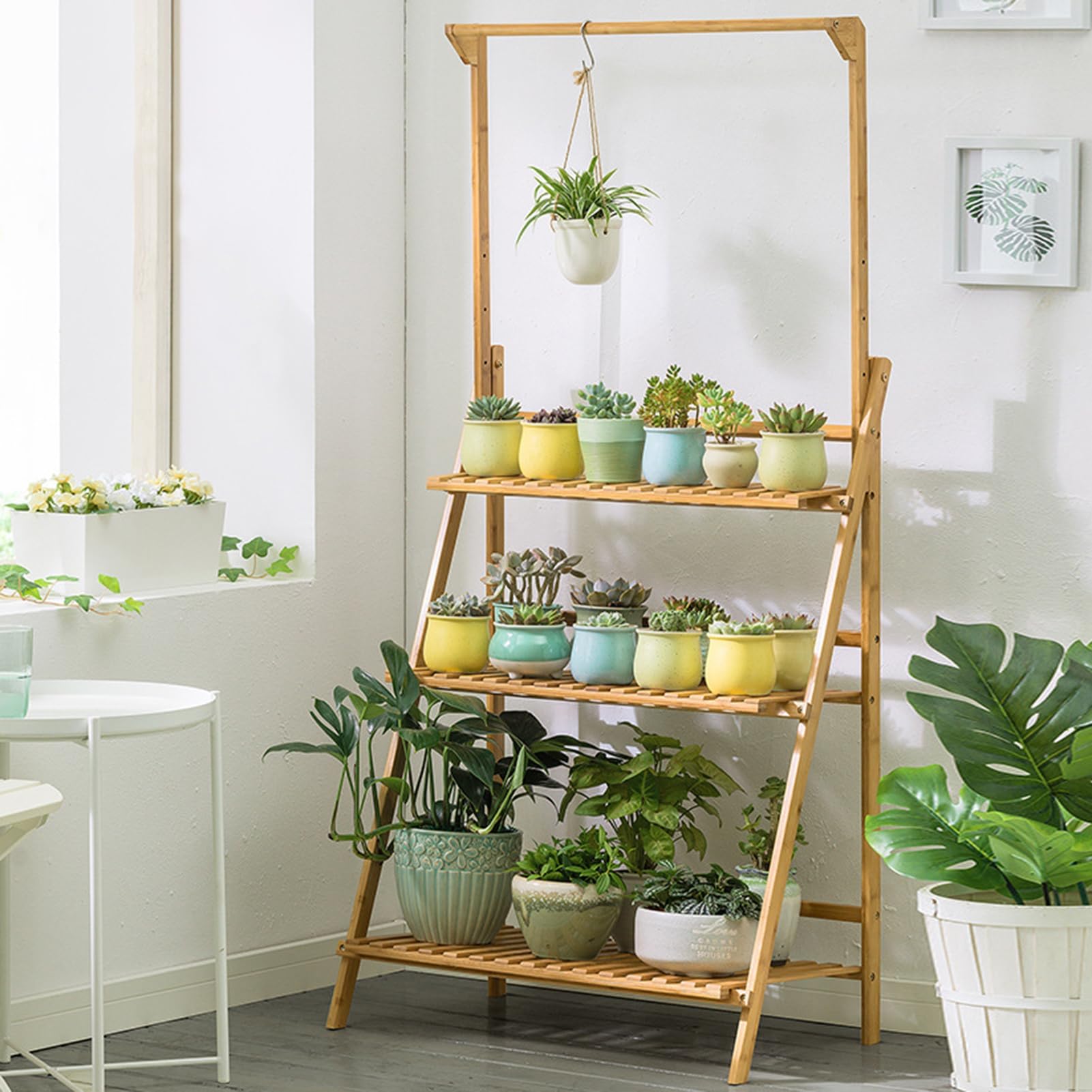 Cadciehe Wooden Color Bamboo Flower Stand 3-Tier Plant Stand With Hanging Pole Adjustable Height Flower Pot Organizer Rack Hanging Plant Stand Planter Shelves For Indoor Outdoor Plant
