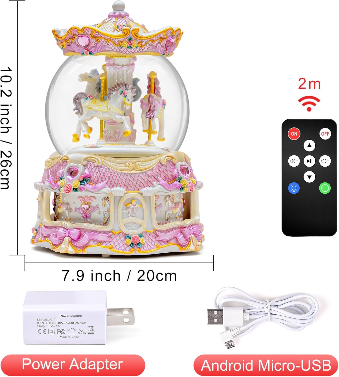 Enchanting 10-Inch Carousel Snow Globe Music Box, Rotating Lights Remote Musical, for Christmas, Birthdays & Home Décor Holiday Décor for Family,Friends, Plays 64 Classic Melodies