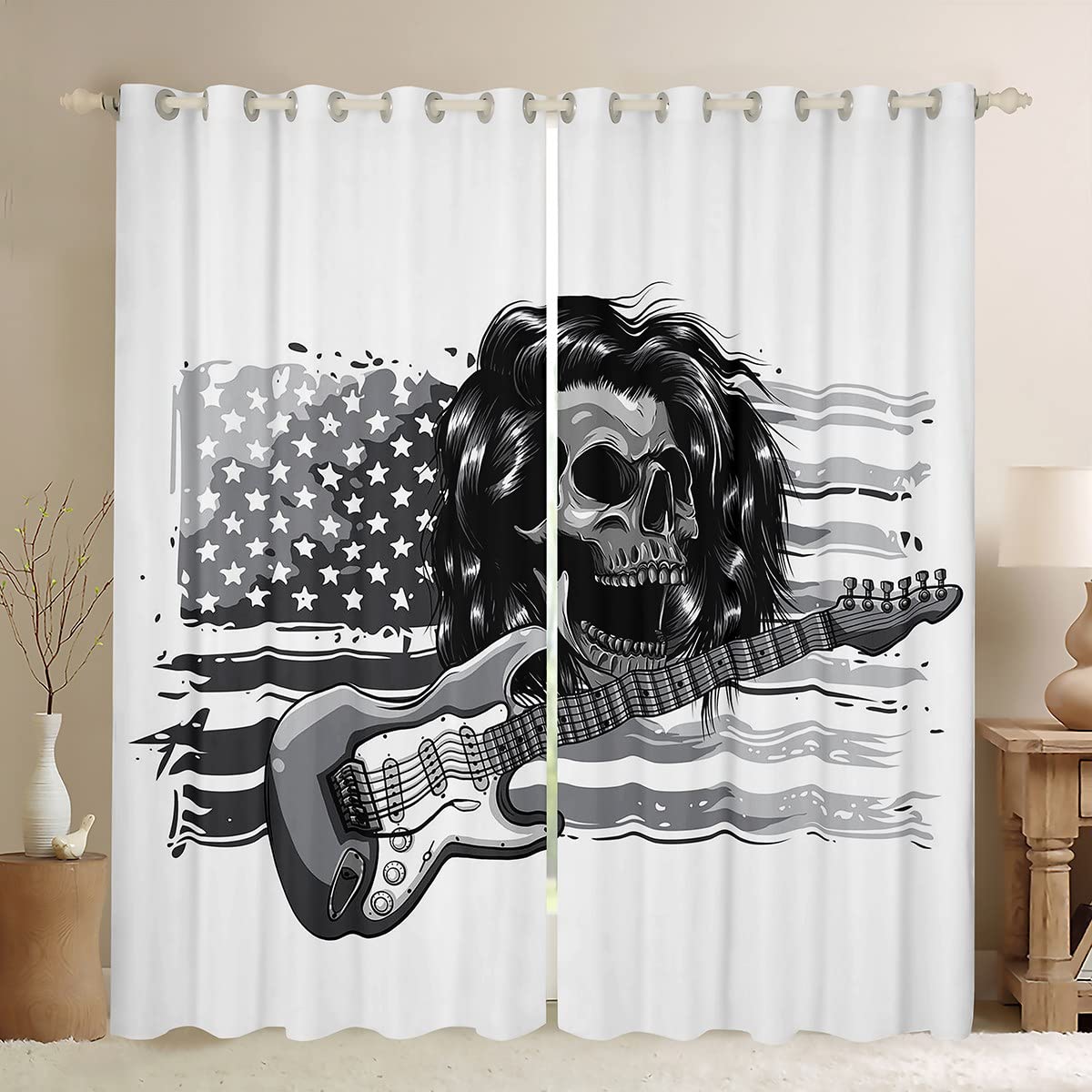 Tenda per chitarra per bambini per camera da letto Soggiorno Rock Musica Tenda finestra Bandiera americana Musicale Blackout Tenda (30-50%) Grigio Bianco Finestra Tende W66* L72