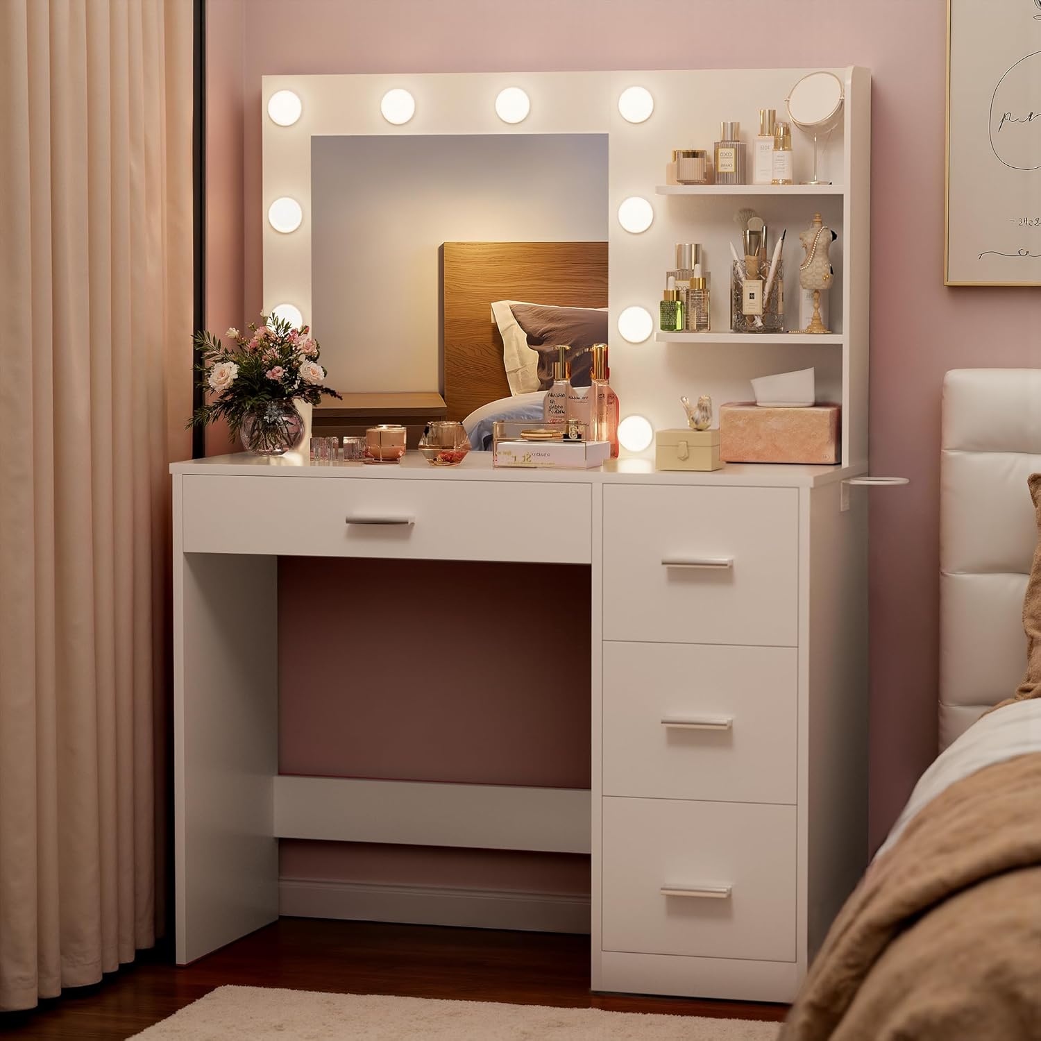 Furmax Vanity Desk with LED Lighted Mirror&Power Outlet, Makeup Vanity Table with 4 Drawers, 3 Open Storage Shelves, and 3 Color Modes, for Bedroom (Pure White)