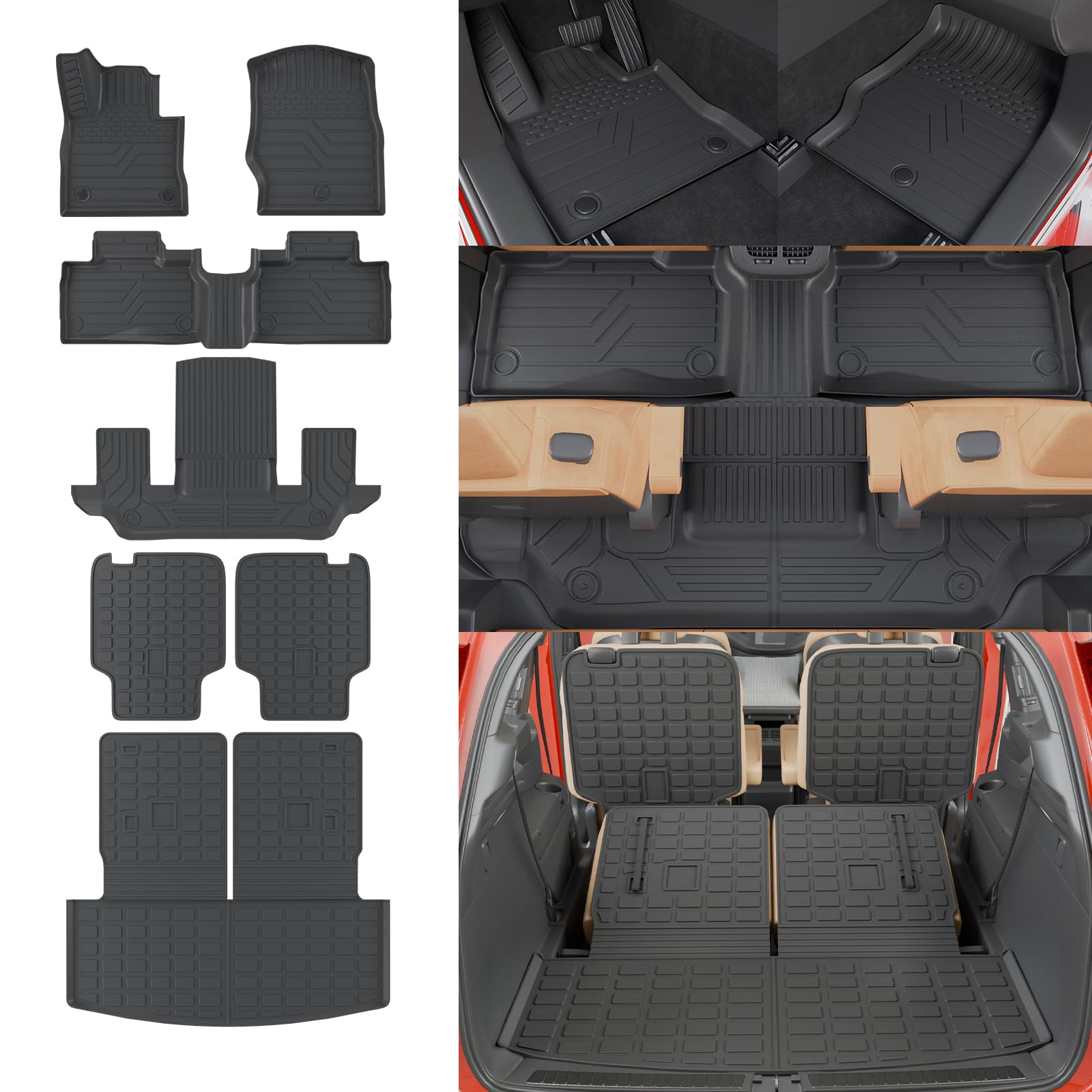 Rongtaod 6 Seats Floor Mats Compatible with 2020-2025 2026 Ford Explorer Captain Chairs Trunk Mat Trunk Liner Cargo Liner Cargo Mat Kick Mats 2024 Explorer Accessories (Floor Mats Full Set 7pcs)