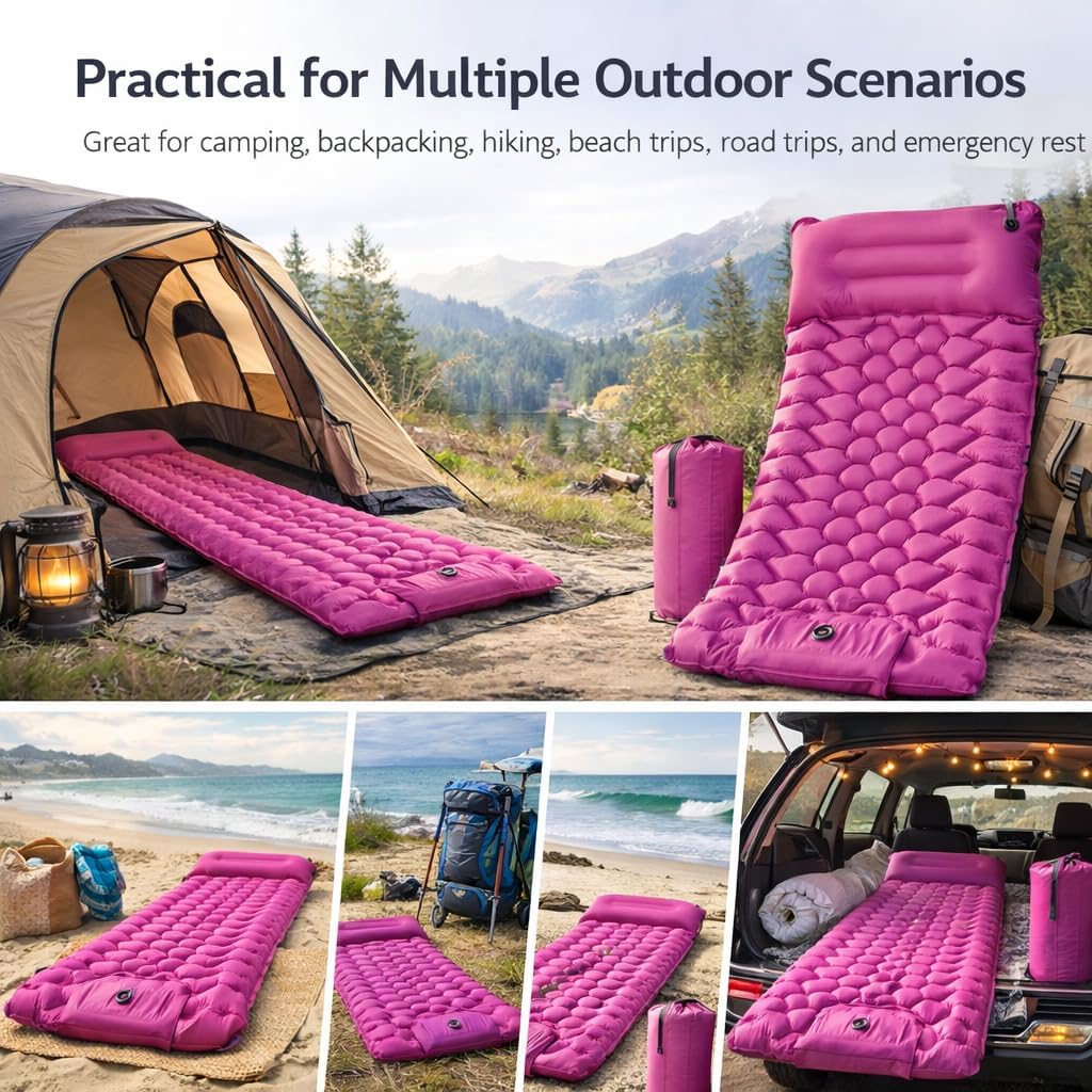 Ultralight Inflatable Sleeping Pad with Built in Foot Pump, Compact Camping Sleeping Mat with Pillow for Backpacking, Hiking, Travel and Tent Camping (Blue)