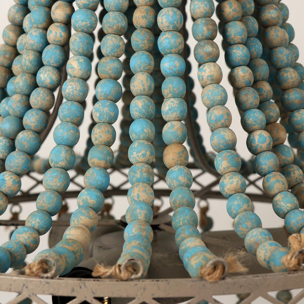FIRVRE 3-Light Blue Lámpara de Techo de Cuentas de madera Natural Iluminación de techo E27 Bohemian Boho Loft French Countryside interior candelabro Plafón antigua para Cocina Isla Comedor