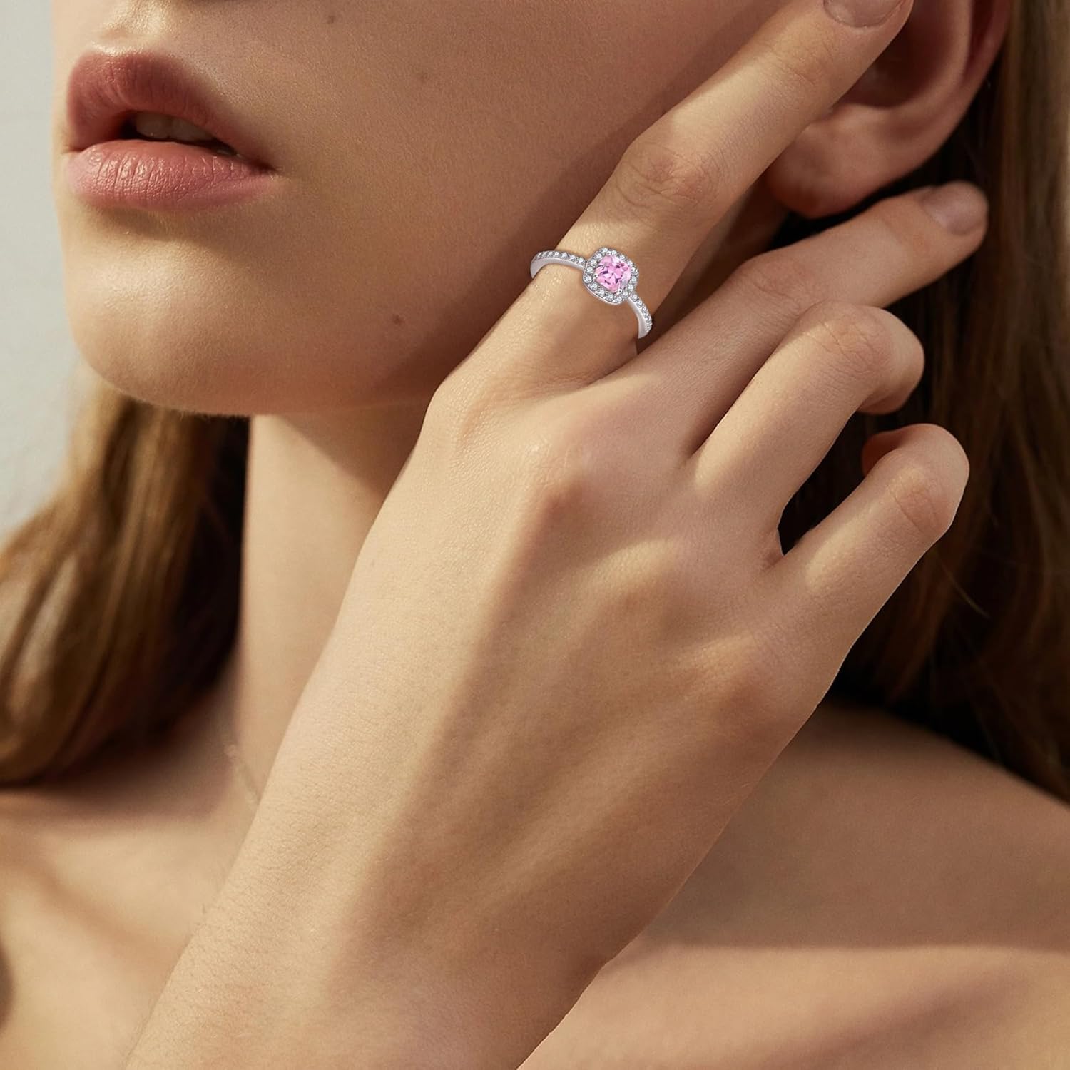 Promise Ring for Women 925 Sterling Silver Princess Cut Halo Birthstone Ring for Her Brides Wife Size 5-10