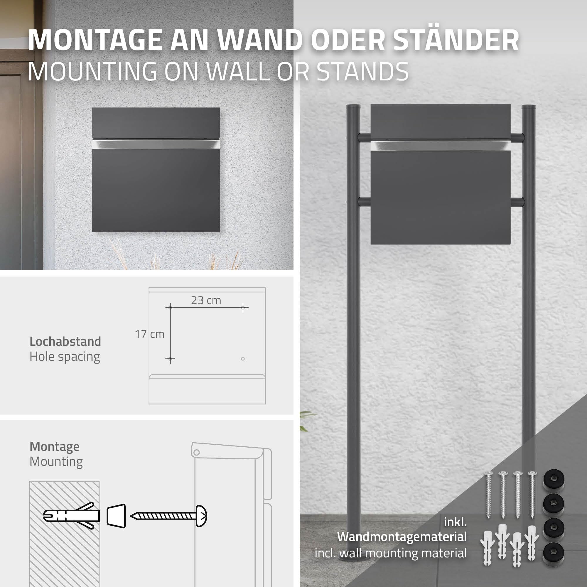 ECD Germany Standbriefkasten mit Zeitungsfach, Design Briefkasten mit Pfosten, Briefkastenständer Anthrazit 120cm Edelstahl pulverbeschichtet, Postkasten Anthrazit 37x36,5cm pulverbeschichteter Stahl