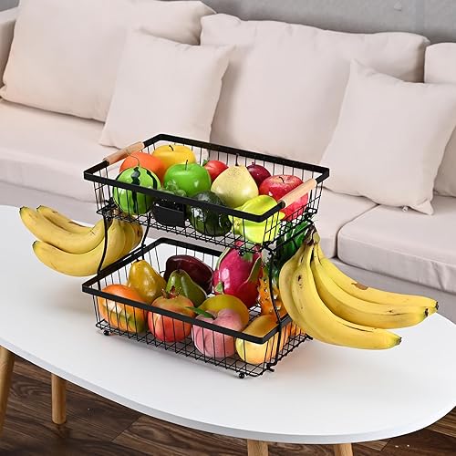 Miniatura 5 de Cesta de frutas de 2 niveles desmontable con 2 ganchos para plátanos, soporte de frutas para encimera de cocina, organizador de almacenamiento de