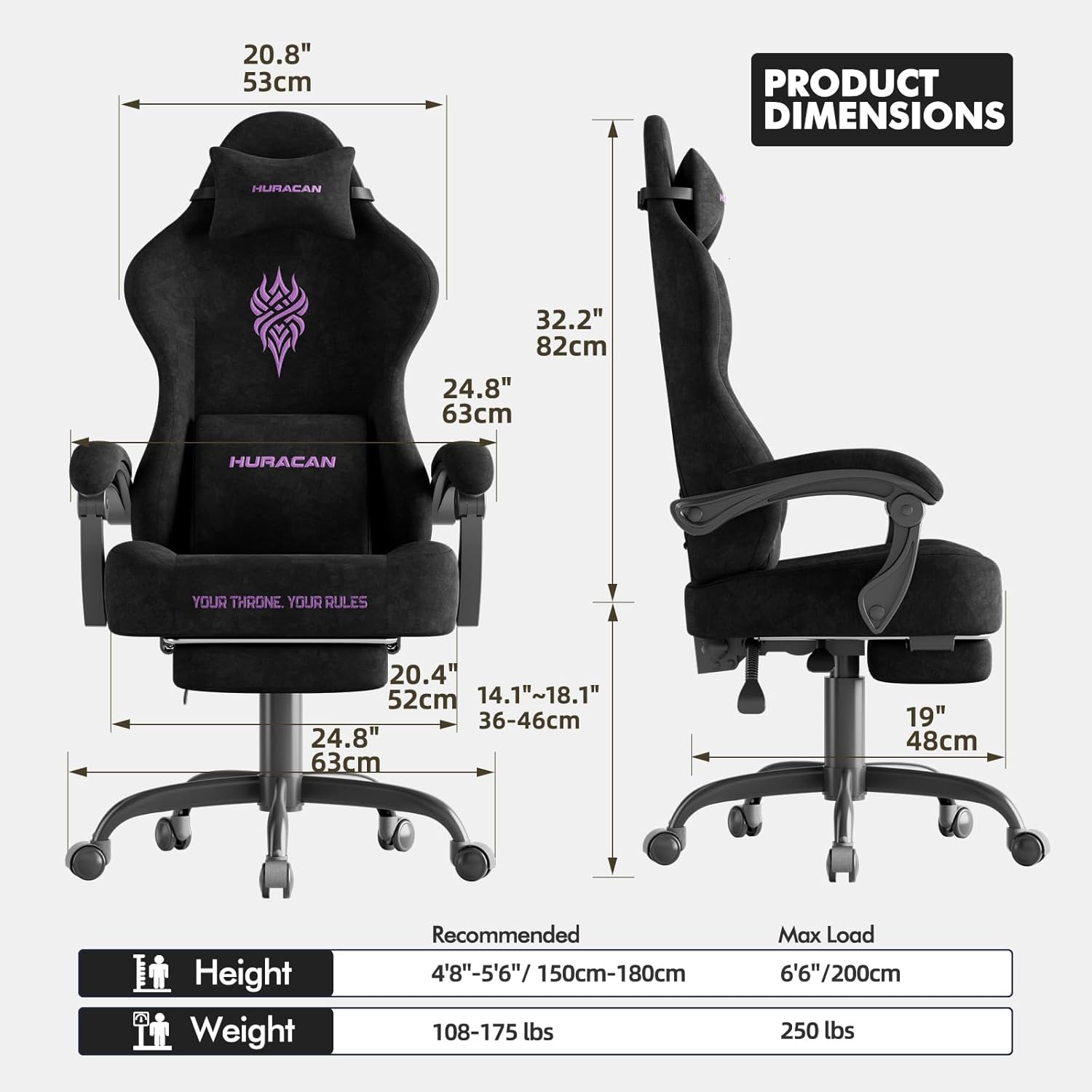 Ferghana Velvet Fabric Gaming Chair - 20.5″ Wider Seat Cushion, Fire Embroidery, Ergonomic High Back Game Chair with Footrest | Computer Chair with Massage Lumbar Support for Adult, Black
