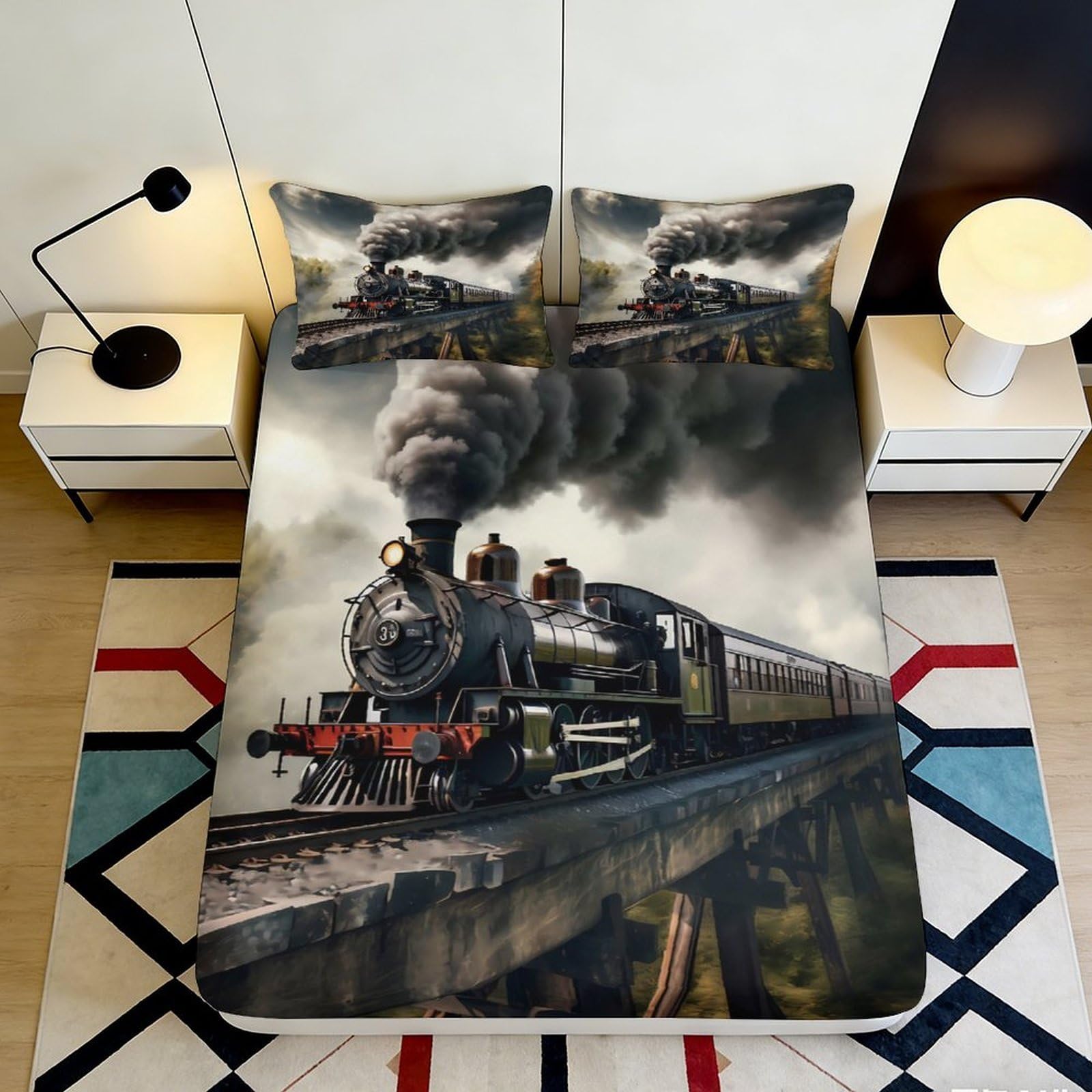 3D Printed Vintage Steam Train Fitted Sheet Microfiber Soft Breathable Locomotive Bed Cover for Bedroom Dormitory Guest Room Mattress Protection Decor 90x200x25cm