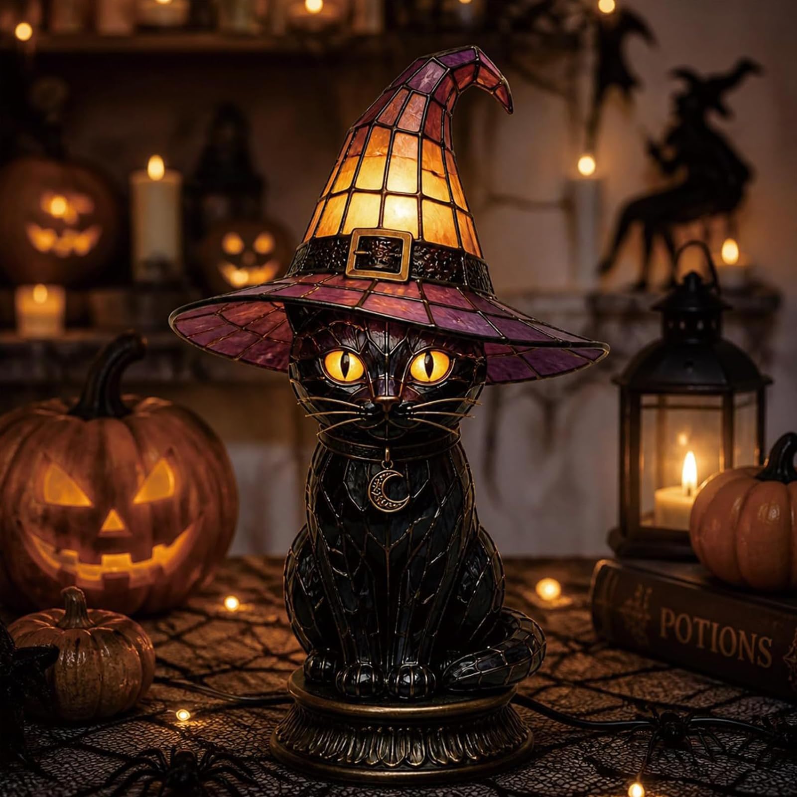 Stained Glass Witch Hat Lamp, Gothic Witch Hat Night Light
