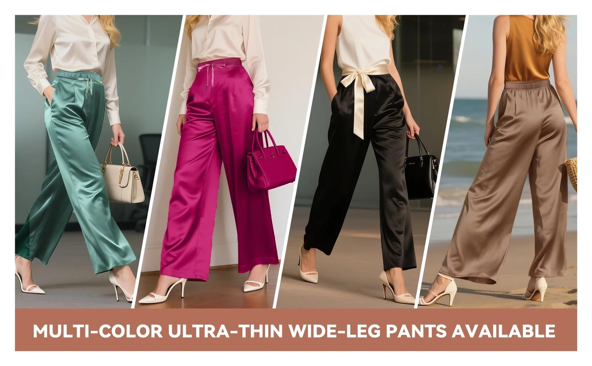 Pantalones de Verano Pantalones Anchos de Seda for Mujer, Rectos, Ligeros, de satén, con Bolsillos, for Uso Diario e Informal. para Mujer(Black,XL)