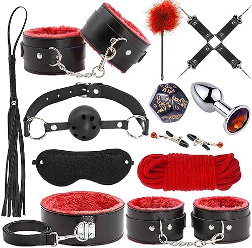 BDSM - Restricciones de bondage para adultos, 12 piezas de equipo de bondage y accesorios, juguetes sexuales para mujeres y parejas Rojo