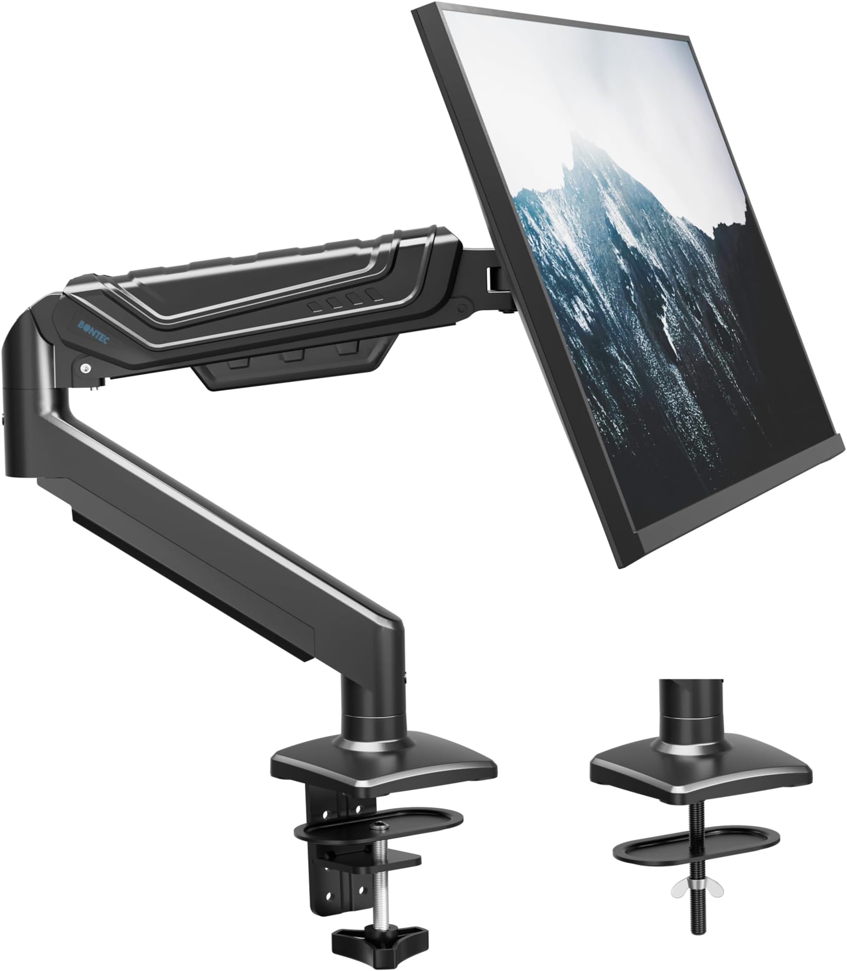 BONTEC Monitor Arm for 15–42 Inch Screens, Ergonomic Gas Spring Single Monitor Mount, Full Motion Desk Stand with Tilt Swivel Rotation, VESA 75x75mm 100x100mm, C Clamp, Grommet Base, Cable Management