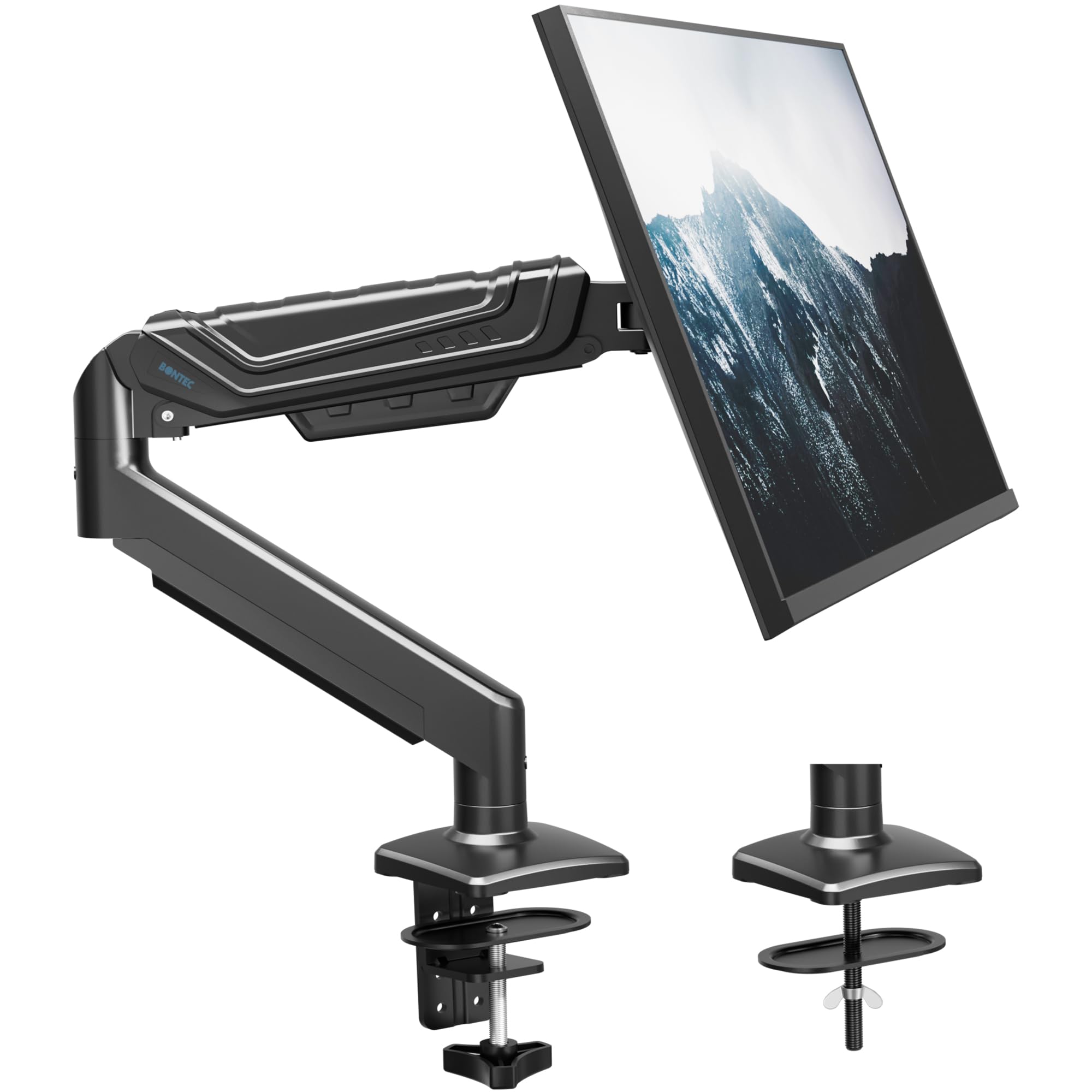 BONTEC Monitor Arm for 15–34 Inch Screens, Ergonomic Gas Spring Single Monitor Mount, Full Motion Desk Stand with Tilt Swivel Rotation, VESA 75x75mm 100x100mm, C Clamp, Grommet Base, Cable Management